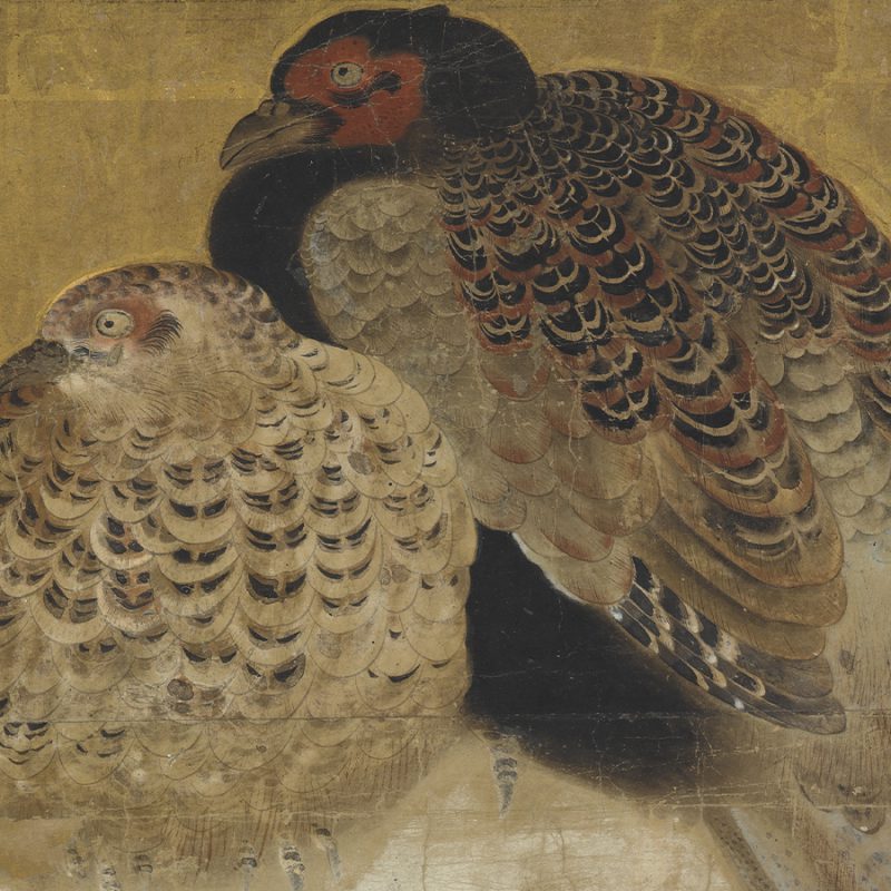 Thumbnail of Two pheasants on a snow bank, Detail 3